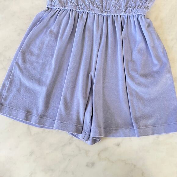 Vintage 80s 90s Periwinkle Sleeveless Romper Floral Embroidery + Pockets / S M - Picture 5 of 10